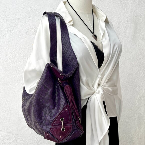 Jessica Simpson (2011) Croc Embossed Satchel Purple Faux Leather Shoulder Bag - Picture 10 of 16